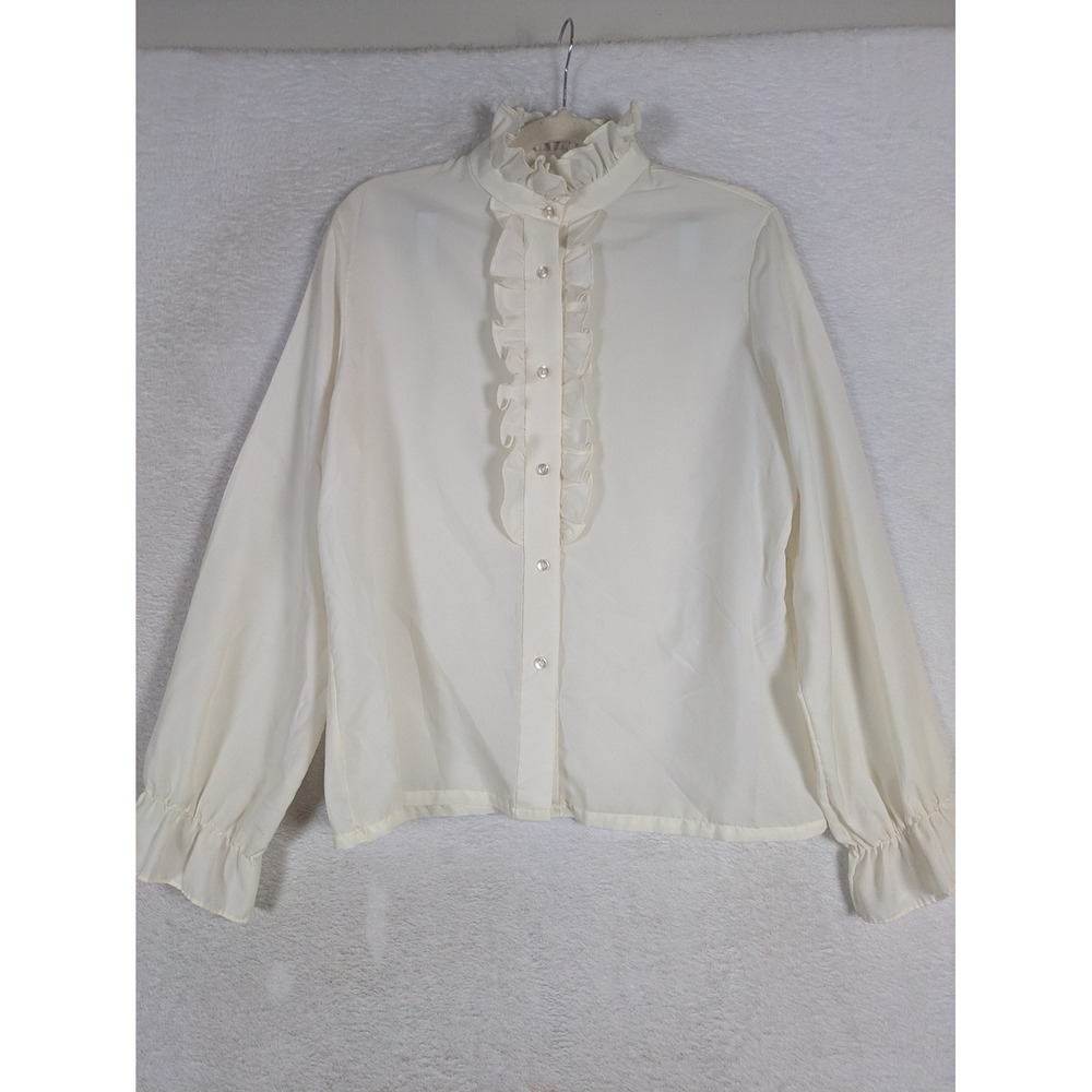 Katos Ruffle Blouse Women's M Cream High Neck Long Sleeve Vintage Style USA Made